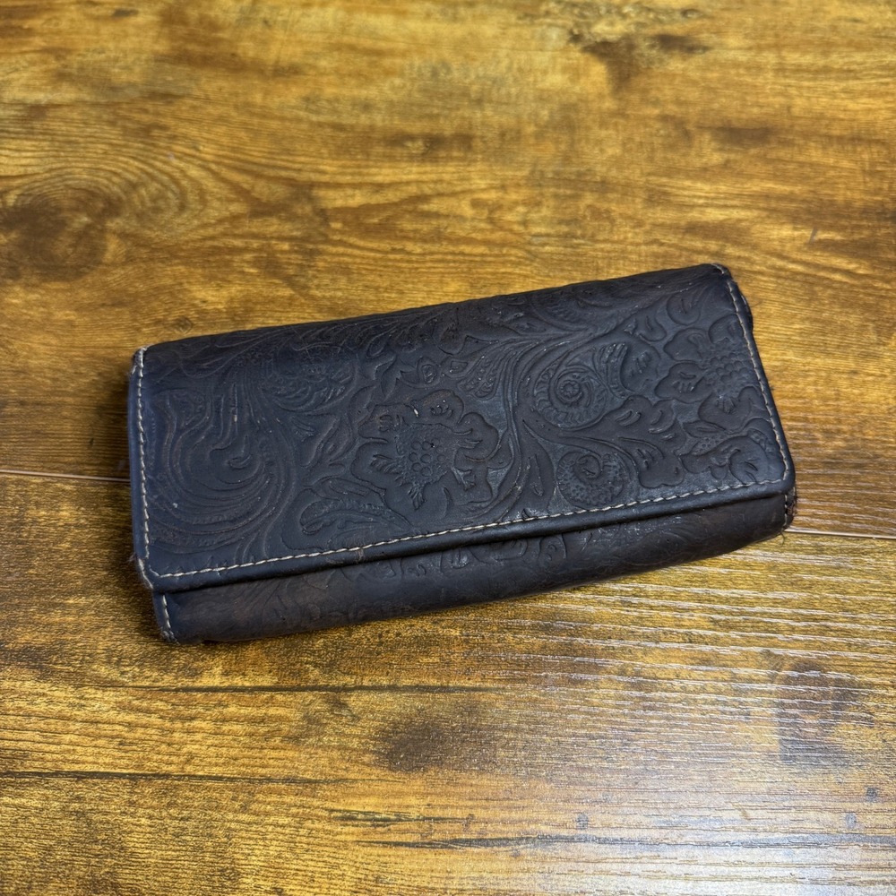 Vintage Jockey Club Floral Tooled Dark Brown Leather Trifold Wallet Small Y2K 90